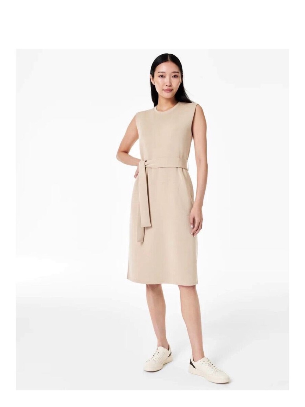 SPANX Air Essentials Sleeveless Midi Shift Dress in Beige with Self-Tie Belt NWT